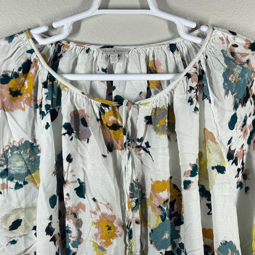 Lucky Brand Floral Peasant Blouse White Yellow Pink 3X 3/4 Sleeve Boho Top